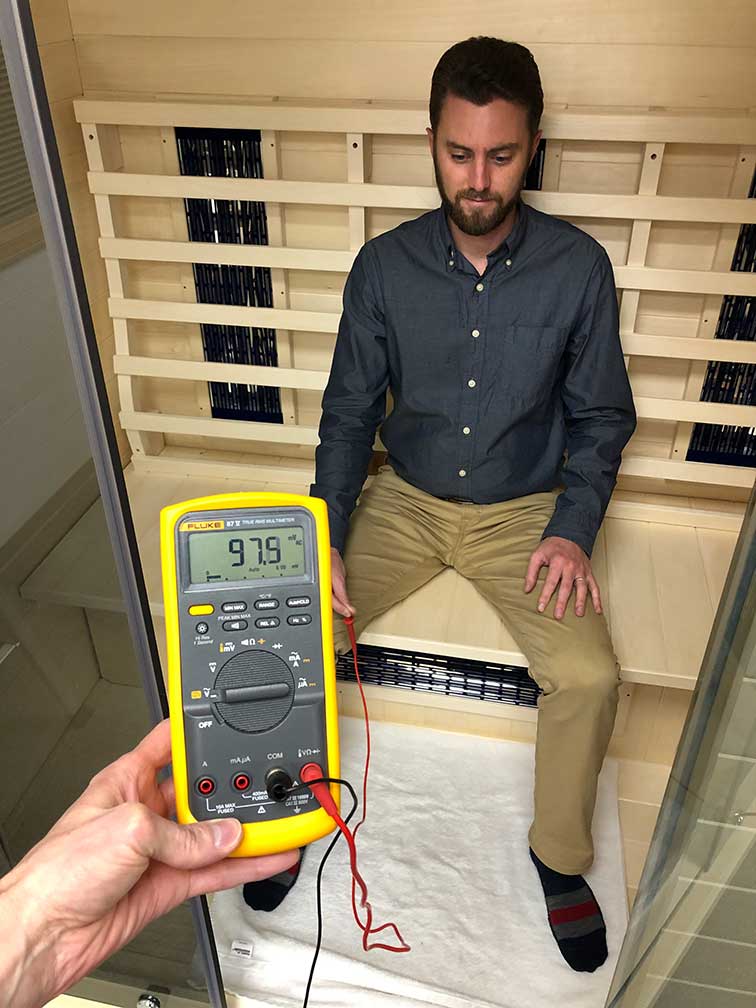 Body voltage measurement inside the sauna with the sauna disconnected and irrelevant to the measurement.