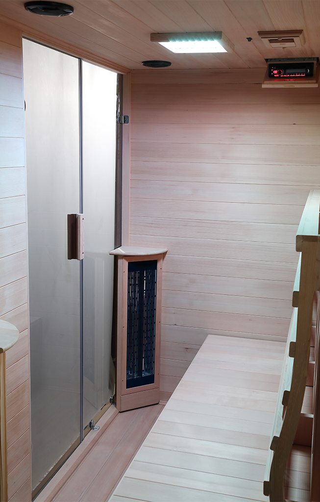 Inside the Hemlock Wood TR-3 three person far infrared sauna Far Infrared Sauna